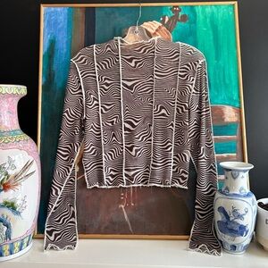 Divided Brown and Cream Sheer Long Sleeve Crop Blouse M